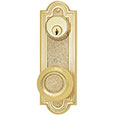 Emtek Keyed Belmont 7-1/2" Brass Door Handle Plate in Polished Brass with Belmont knob