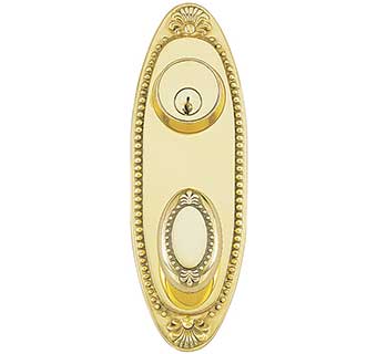 Solid-Brass Beaded Oval Door Plate with Keyhole in Antique-By-Hand